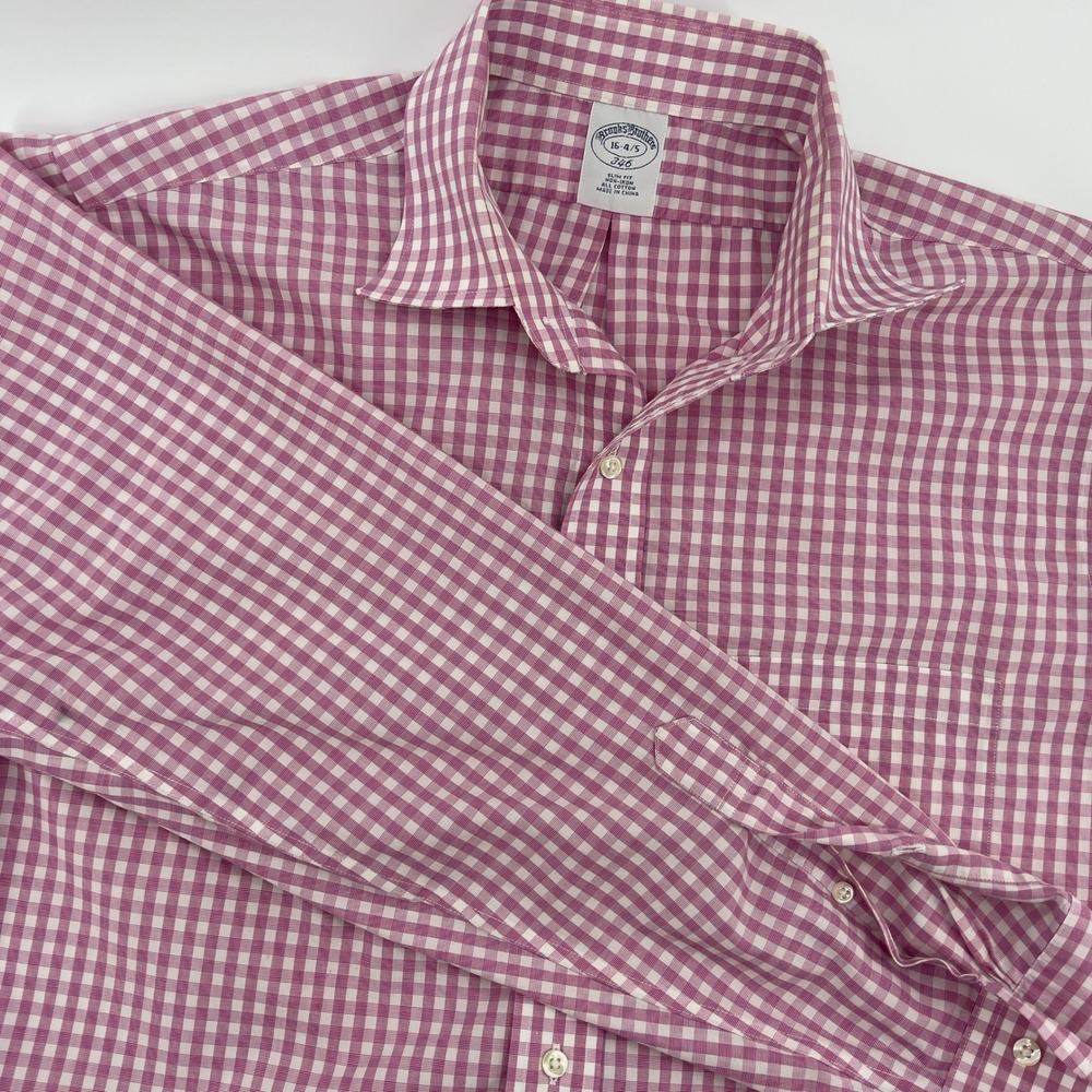 Brooks Brothers 346 Slim Fit Non Iron Gingham Dress‎ Shirt Men 16 Pink White